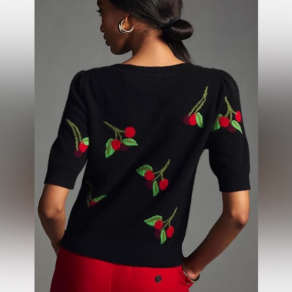 Anthropologie Maeve Puff-Sleeve Cashmere Jumper XS Black with Cherry Print - Picture 2 of 11